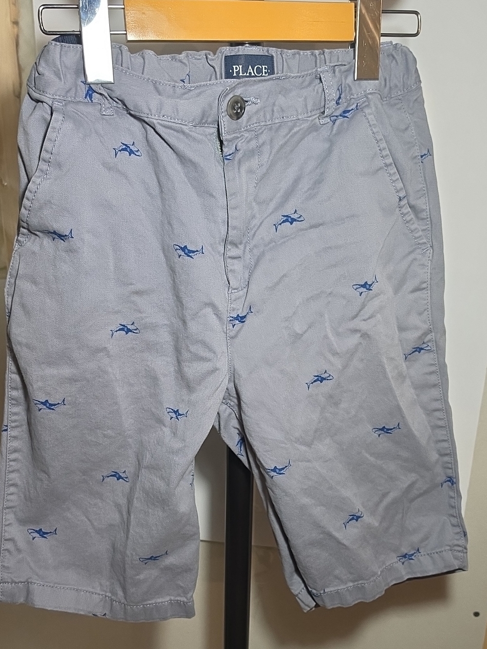 Kids Men PLace Light Gray Shorts with Blue Shark Embroidery